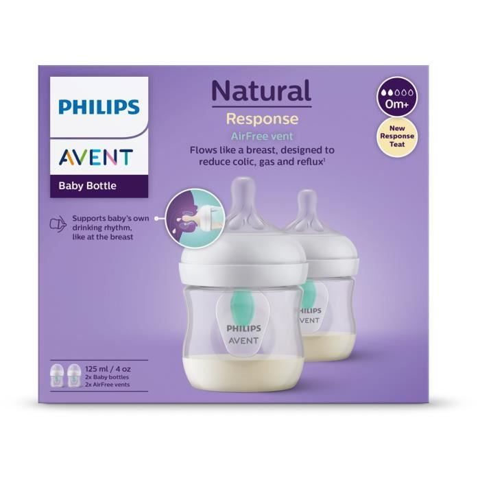 Lot de 2 biberons - PHILIPS AVENT- Natural 3.0 - Anti-colique - 125 ml - AirFree - Tétine imitant la forme du sein - Blanc