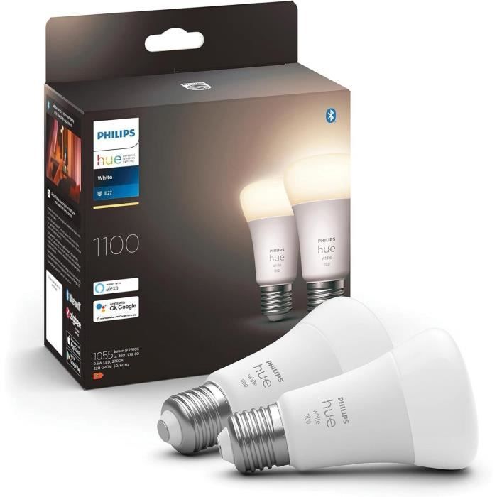 Lot de 2 ampoules LED connectée - PHILIPS HUE White - 929002469205 - E27 - Equivalent 75 W - 1100 lumens - Bluetooth