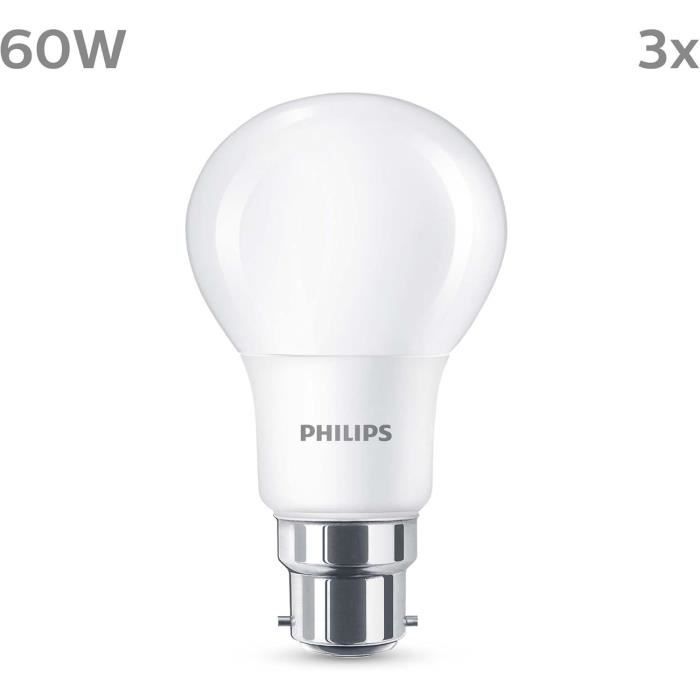 Ampoule LED - PHILIPS - 60 W - B22 - Blanc chaud - Dépolie - Non-Dimmable - 3 pieces