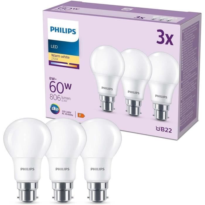 Ampoule LED - PHILIPS - 60 W - B22 - Blanc chaud - Dépolie - Non-Dimmable - 3 pieces