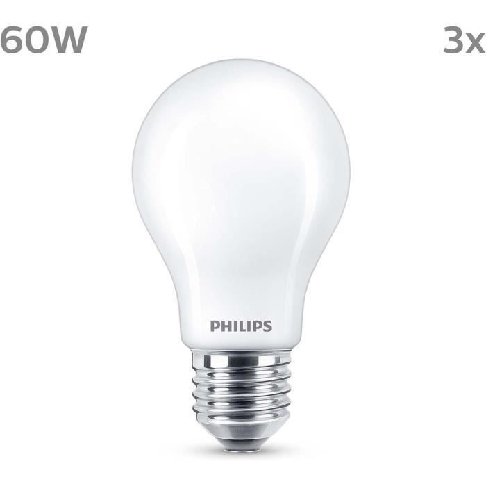 Ampoule LED - PHILIPS - Classic - 60 W - A60 E27 - Blanc chaud - Non dimmable x 3
