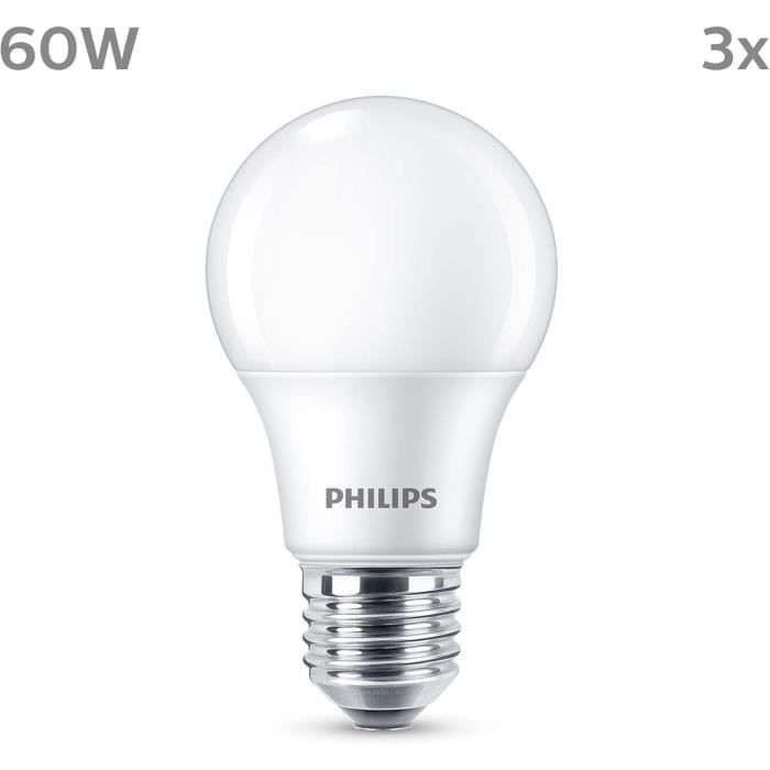 Ampoule LED - PHILIPS - 60 W - E27 - Blanc chaud - Dépolie - Non-Dimmable - 3 pieces