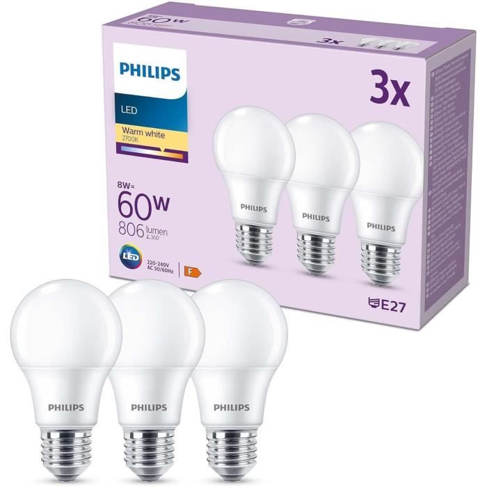 Ampoule LED - PHILIPS - 60 W - E27 - Blanc chaud - Dépolie - Non-Dimmable - 3 pieces