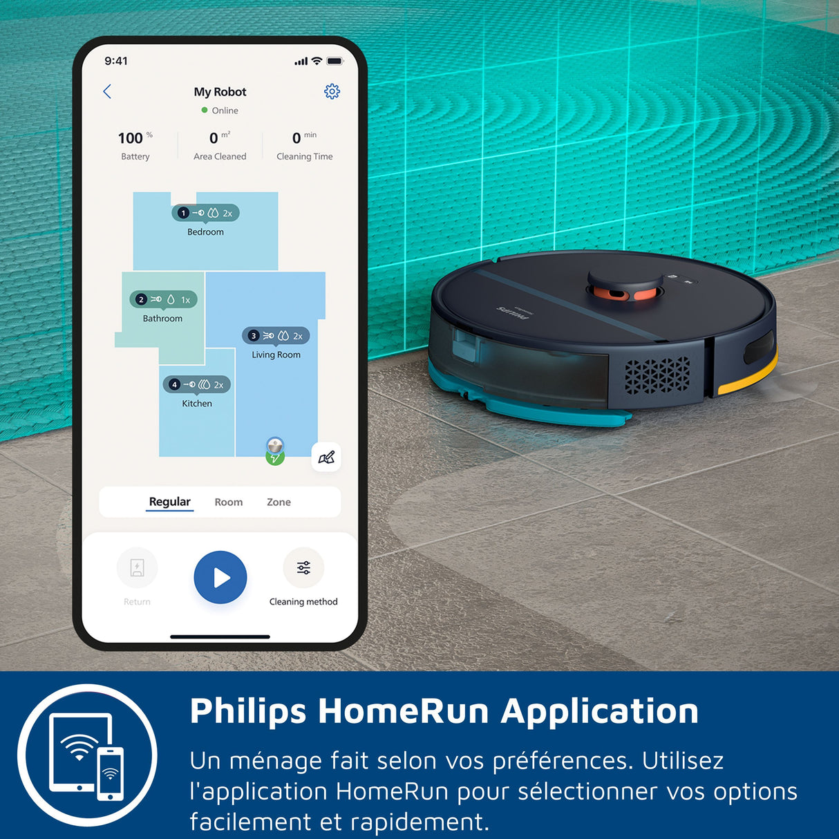 Aspirateur robot laveur avec station - PHILIPS - XU2000/15 - Série 2000 - 6000 Pa - = 66 dB - Bleu nuit