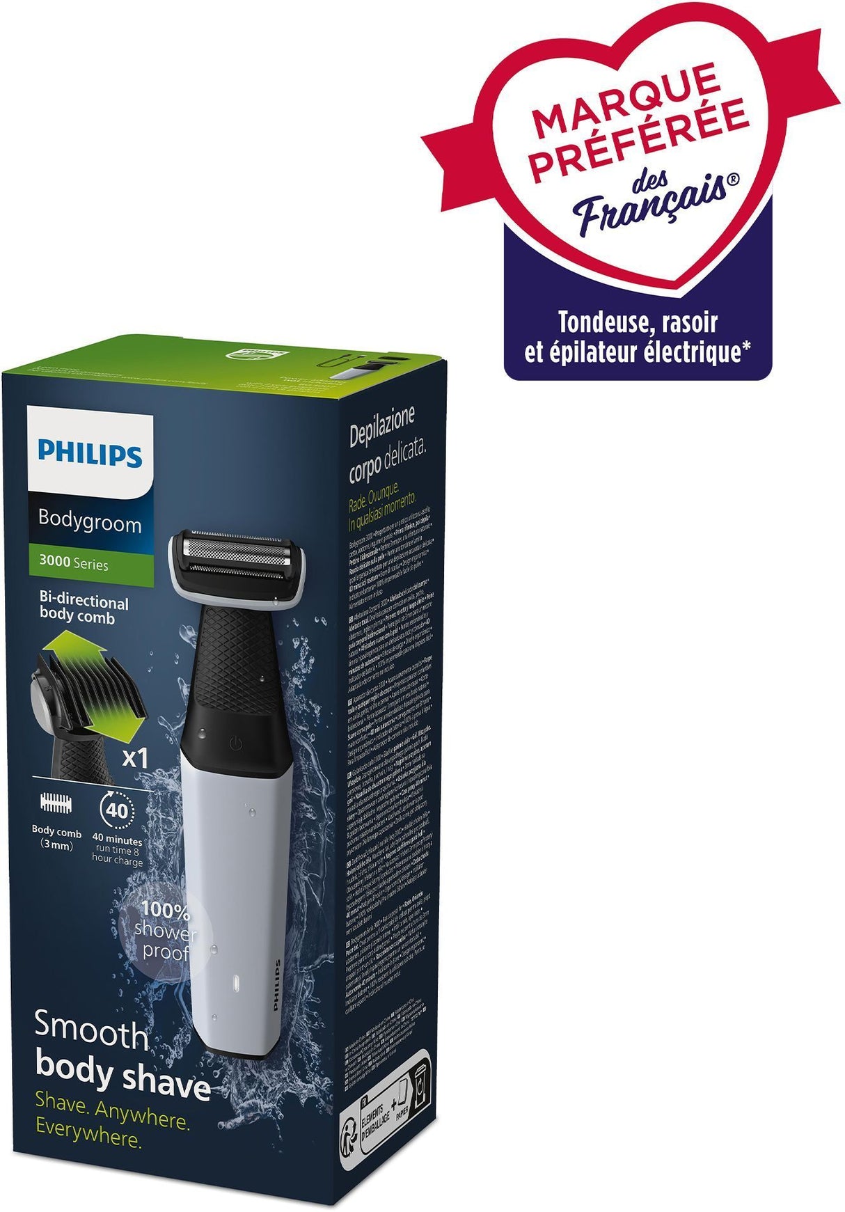 Tondeuse corps - PHILIPS - BG3007/01 Série 3000 - 5 W - 40 min - 1 sabot - Gris