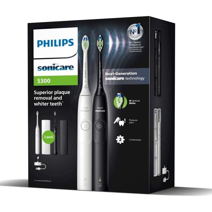 Brosse a dents - PHILIPS - HX7109/01 - Sonicare - Double manche Serie 5300 - Blanc & Noir - Eléctrique