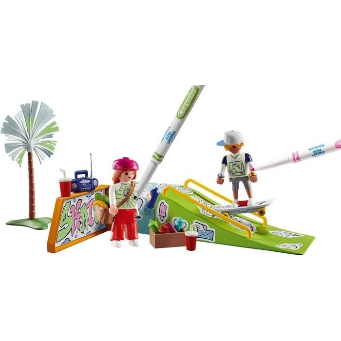 PLAYMOBIL 71515 Skateurs avec rampe, Color, 44 pieces, avec crayons Crayola, Des 6 ans