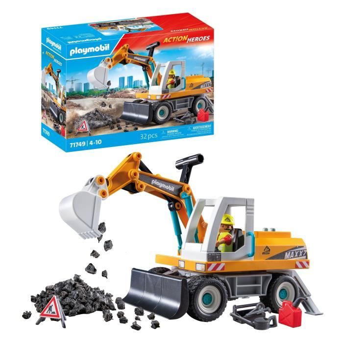 PLAYMOBIL 71749 Pelleteuse mécanique et ouvrier, Action Heroes, La construction, 31 pieces, Des 4 ans