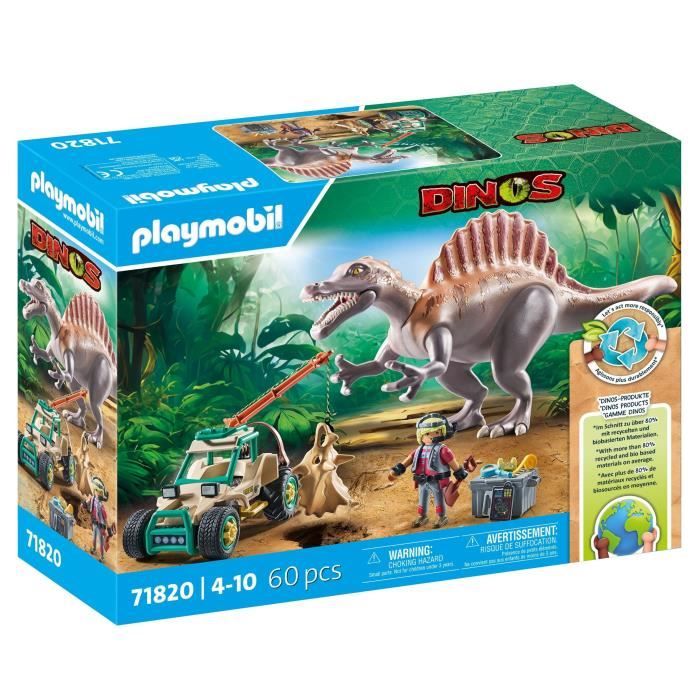 PLAYMOBIL 71820 Spinosaure, chercheur et véhicule a grue pivotante, Dinos, 60 pieces, Des 4 ans