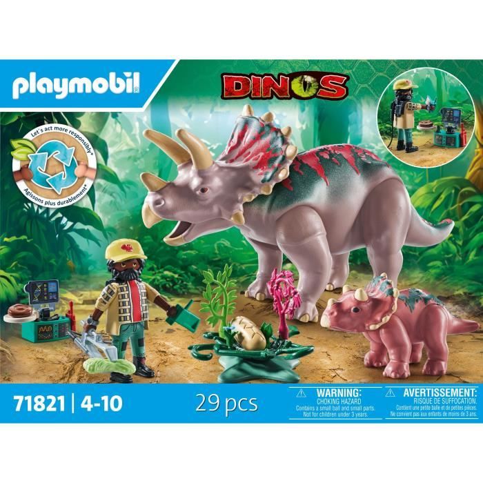 PLAYMOBIL 71821 Tricératops avec bébé et explorateur, Dinos, 29 pieces, Des 4 ans