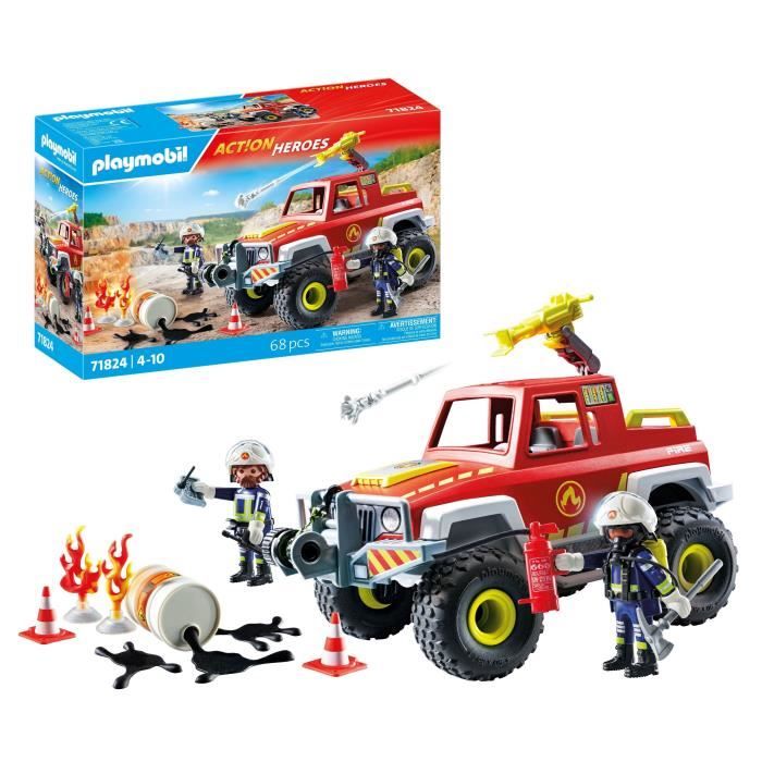 PLAYMOBIL 71824 Véhicule de pompiers avec bidon d'essence enflammé, Action Heroes, Les pompiers, 68 pieces, Des 4 ans