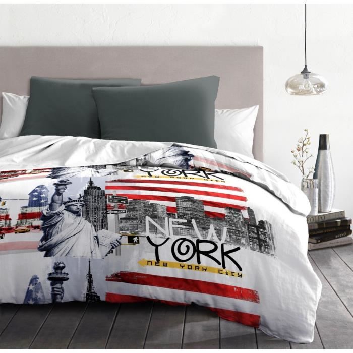 DREAM IN NEW YORK Parure de couette microfibre - Blanc - 220x240 cm
