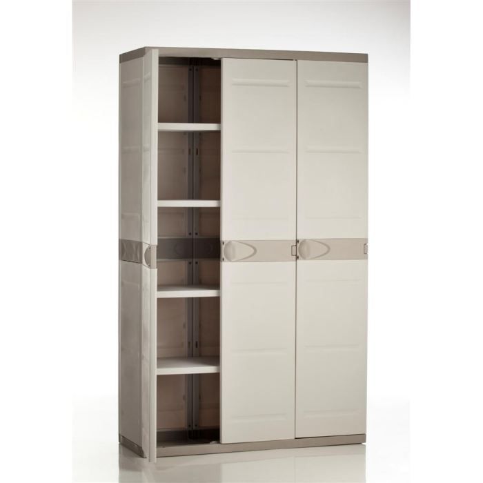 Armoire haute de rangement PLASTIKEN TITANIUM - 3 portes, étageres et penderie - Beige et Taupe