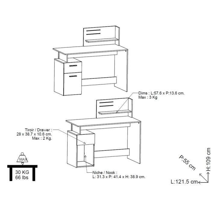 Bureau droit - Blanc et gris - Contemporain - L 121,5 x H 109,7 x P 55,1 cm - 1 porte 1 tiroir - PLATON