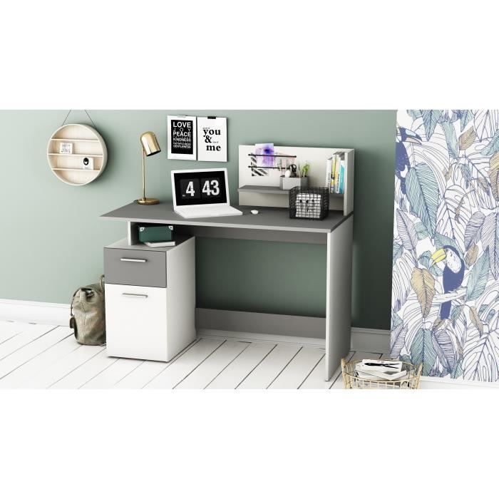 Bureau droit - Blanc et gris - Contemporain - L 121,5 x H 109,7 x P 55,1 cm - 1 porte 1 tiroir - PLATON