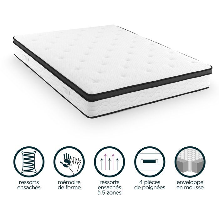 MODAMS Pocket Hybrid 160 x 200 - 630 Ressorts ensachés - Mémoire de forme 32 kg/m² + PU 24kg/m² - 5 zones - Réversible - Ep. 30 cm