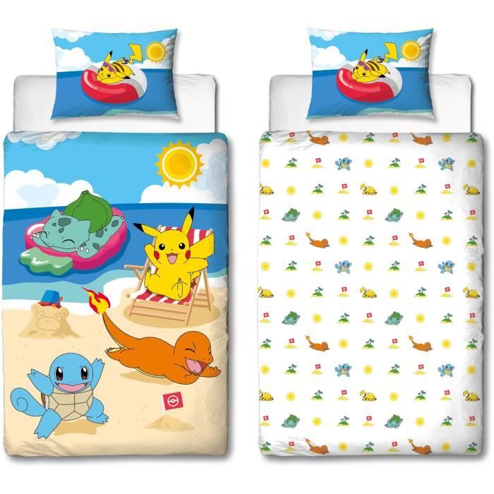 Parure de lit - POKEMON - Pikachu et ses amis a la plage - Microfibre - 1 housse de couette 140 x 200 cm + 1 taie 63 x 63 cm