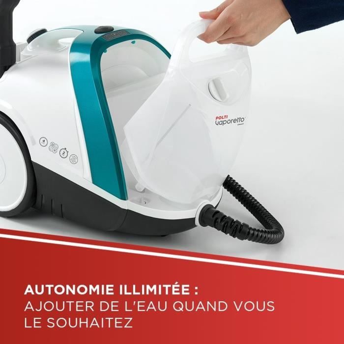 POLTI VAPORETTO SMART 100 T - Nettoyeur vapeur - autonomie illimitée - 4 BAR - 110g/min - 1500W - 9 accessoires - Turquoise