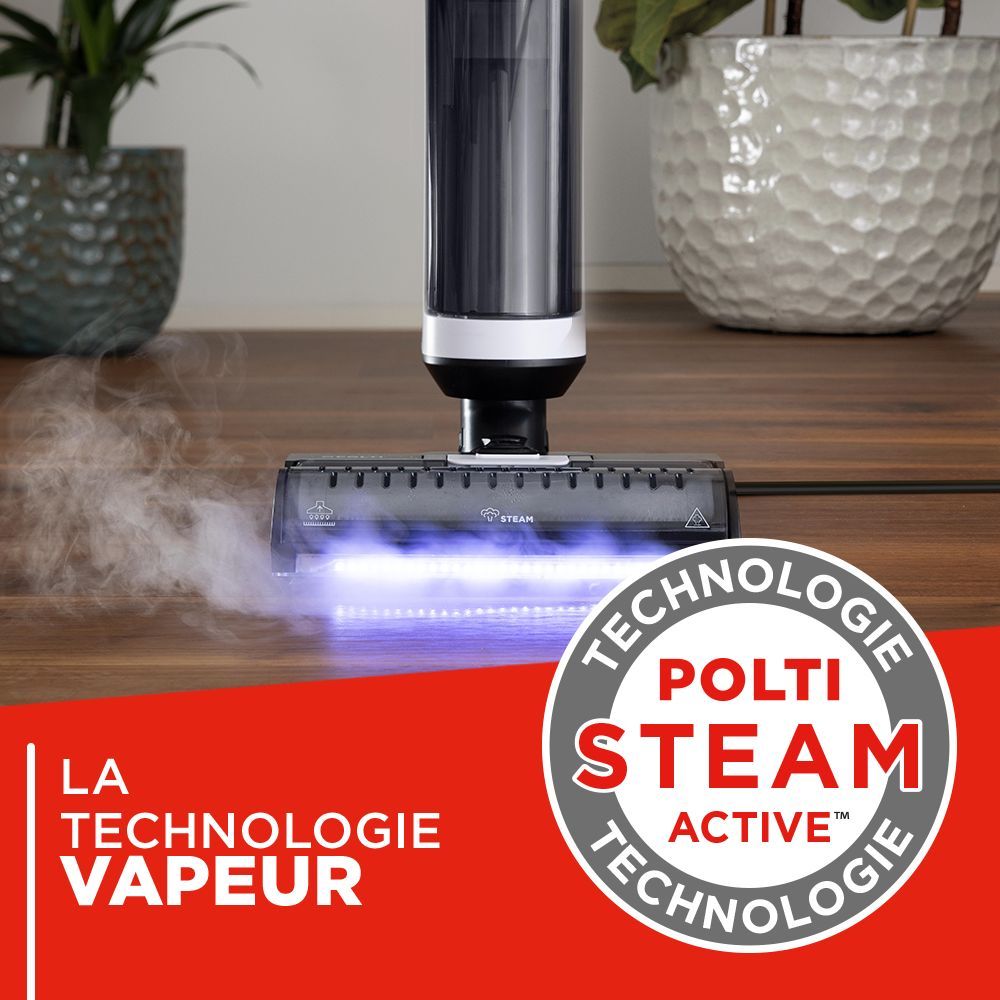Aspirateur balai laveur vapeur - POLTI RollySteam WD10 - 7000 Pa - 0,6 L - Noir / Blanc