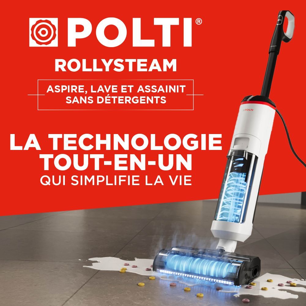 Aspirateur balai laveur vapeur - POLTI RollySteam WD10 - 7000 Pa - 0,6 L - Noir / Blanc
