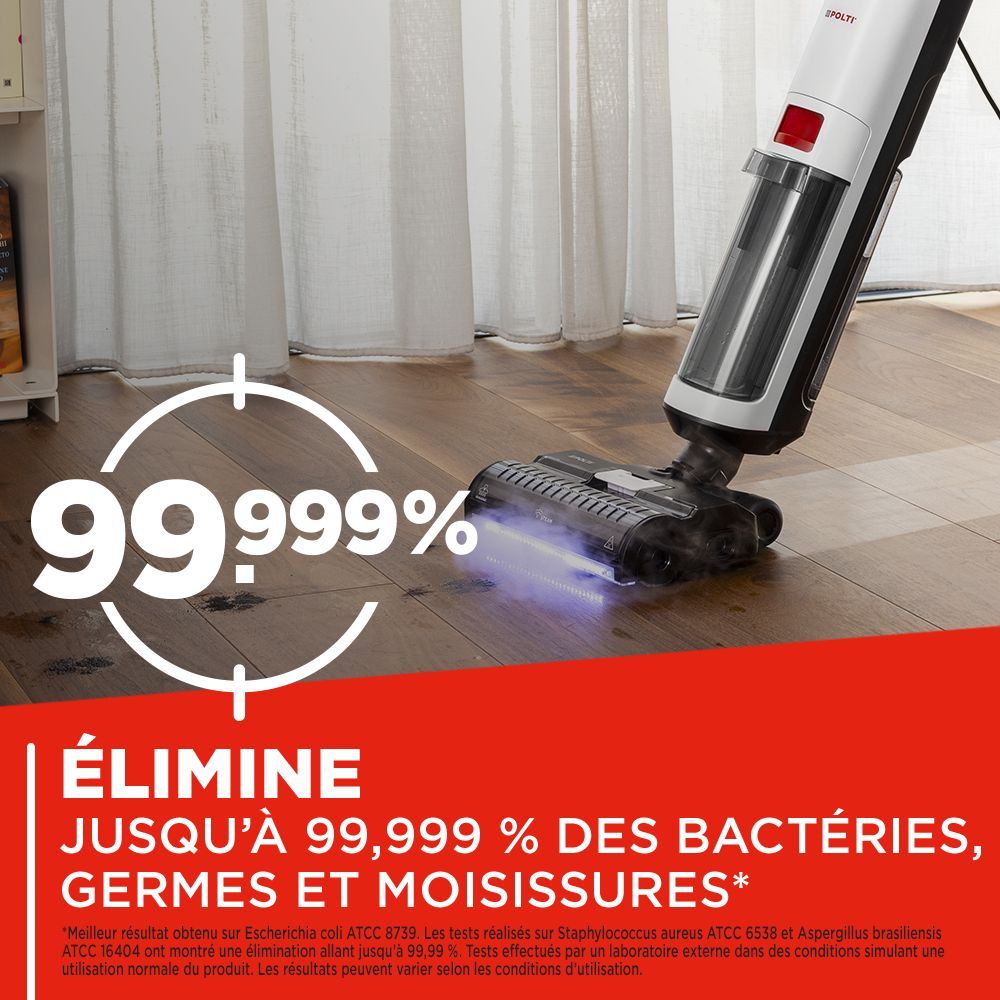Aspirateur balai laveur vapeur - POLTI RollySteam WD10 - 7000 Pa - 0,6 L - Noir / Blanc