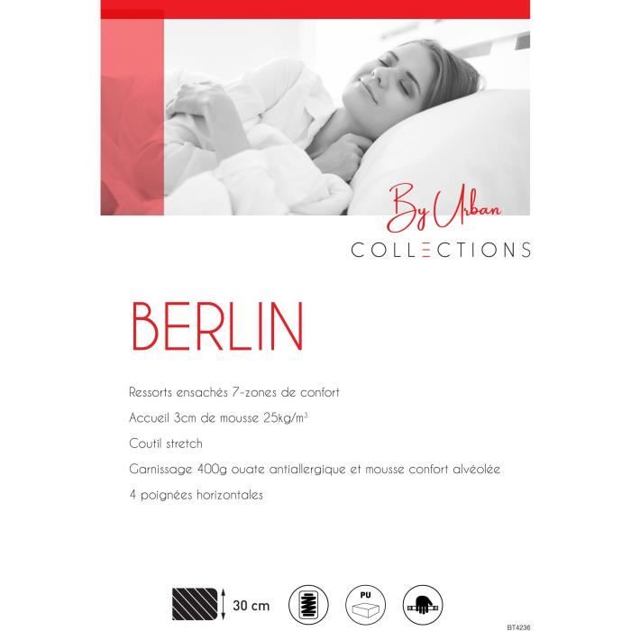 URBAN Collections BERLIN Matelas 160 x 200 cm - 960 ressorts ensachés - 7 zones de confort - 30 cm - Ferme