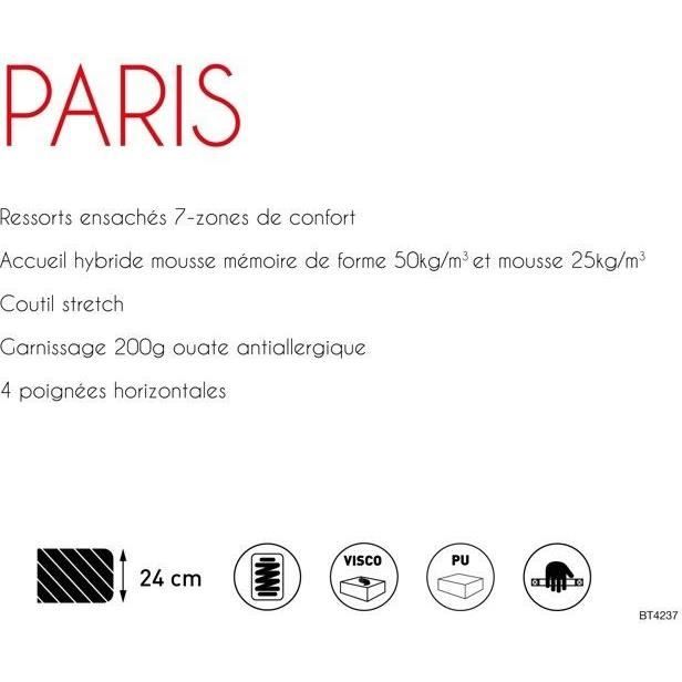 Urban Collections Paris - Matelas ensachés - 140 x 190 cm - 24 cm - Mousse a mémoire de forme - Ressorts