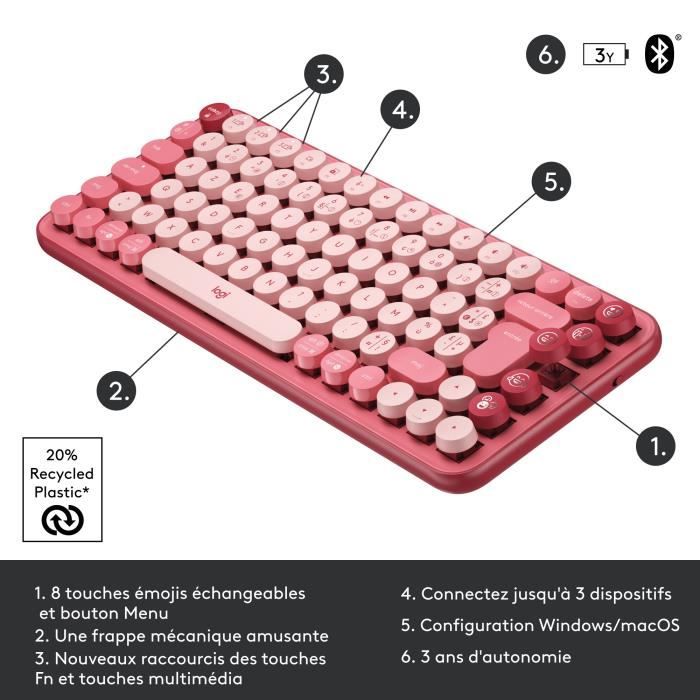 Clavier - Sans fil - Logitech - Pop Keys - MÈcanique - Touche Emoji - Rose