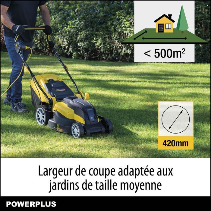 Tondeuse Gazon Électrique POWERPLUS POWXG6281 - 2000W, 420mm Ø, Ramassage, Mulching, Éjection Arriere