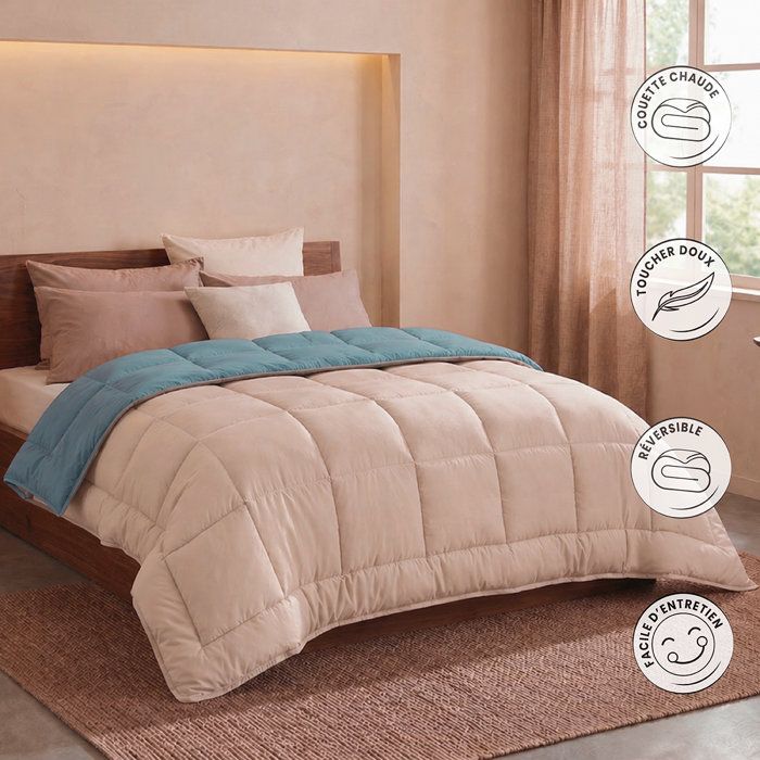 CALGARY - Couette Chaude Microfibre 400gr/m˛ - Beige Galet & Vert Lac - 240 x 260 cm