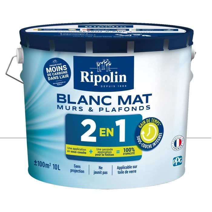 RIPOLIN Peinture blanche pour murs et plafonds - sous-couche intégrée - Blanc mat - 10 L