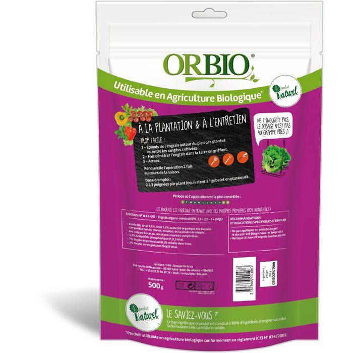 Engrais granulé potager - OR BIO - Petit Potager 500 g - Granulés nutritifs - Formule biologique