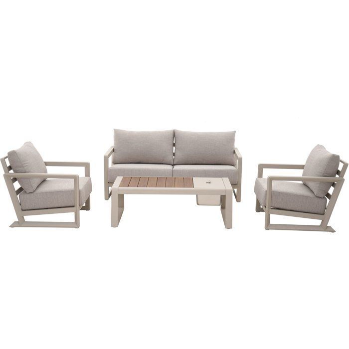 Salon bas de jardin - Proloisirs - Perth - Creme / chene - Set 4 pieces ( Canapé + fauteuils + table) - Aluminium époxy - Coussins