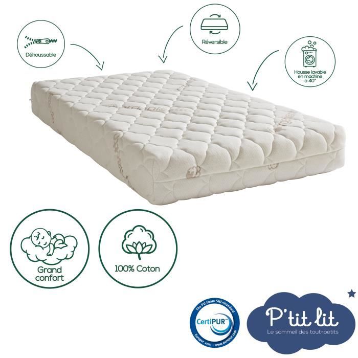 Matelas BÈbÈ Coton Bio - 60x120x10 cm - 100% Coton - DÈhoussable - Sans traitement chimique