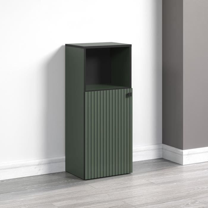 Meuble de salle de bain - Rangement bas - Décor vert sauge et noir - L40 x H95 x P31cm - PURE BLISS