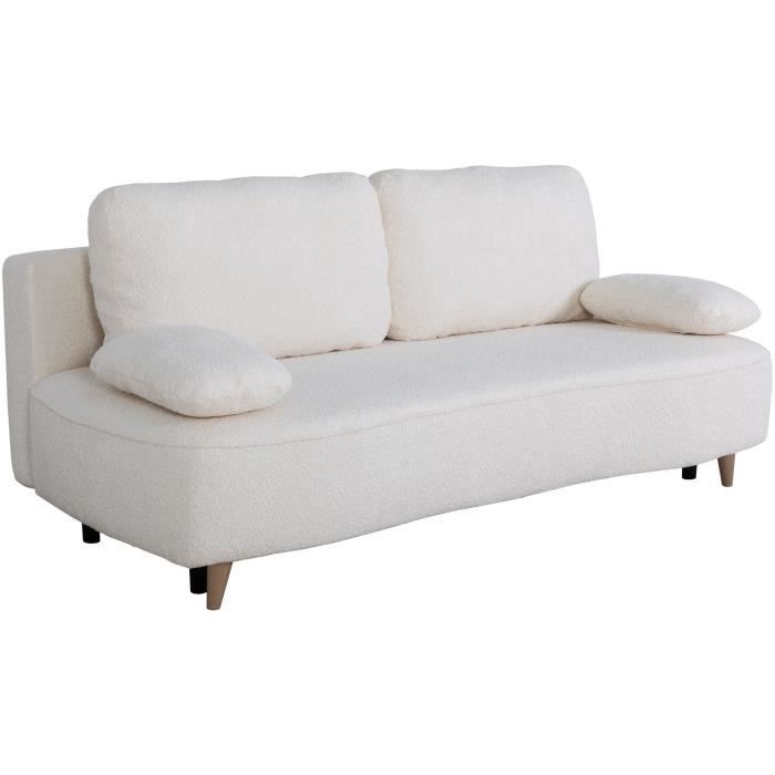 Canapé converible - 3 places - PYLA - Bouclette blanche - Coffre - 203 x 95 x 89 cm