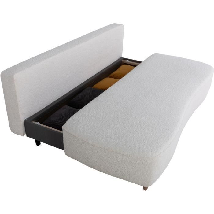 Canapé converible - 3 places - PYLA - Bouclette blanche - Coffre - 203 x 95 x 89 cm