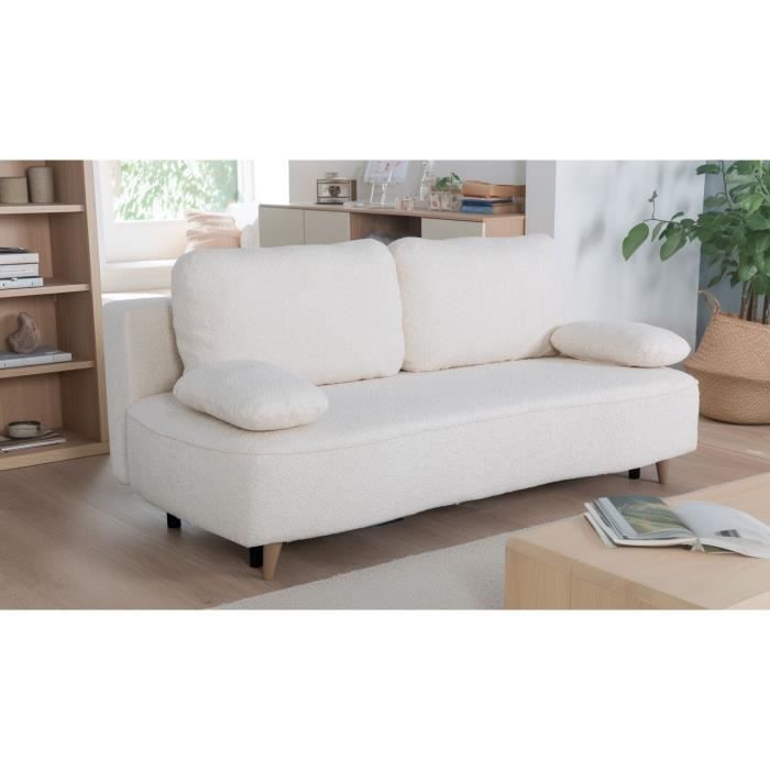 Canapé converible - 3 places - PYLA - Bouclette blanche - Coffre - 203 x 95 x 89 cm