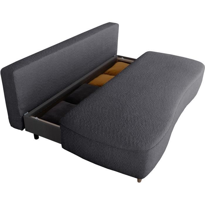 Canapé converible - 3 places - PYLA - Bouclette Noir - Coffre - 203 x 95 x 89 cm
