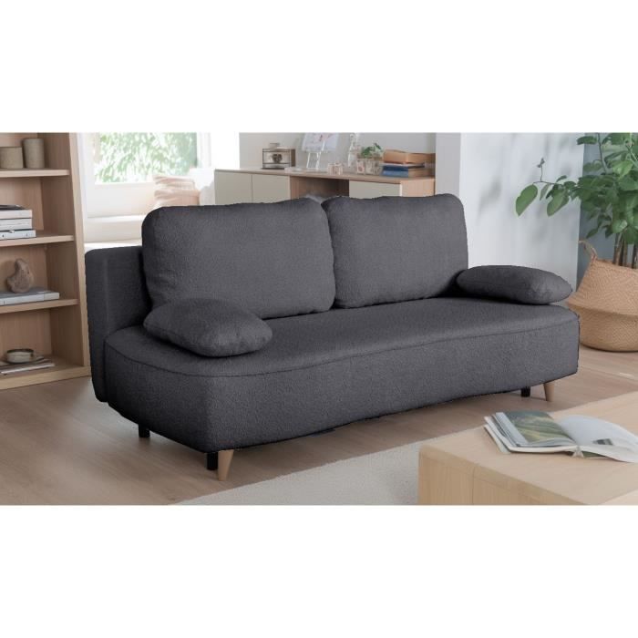 Canapé converible - 3 places - PYLA - Bouclette Noir - Coffre - 203 x 95 x 89 cm