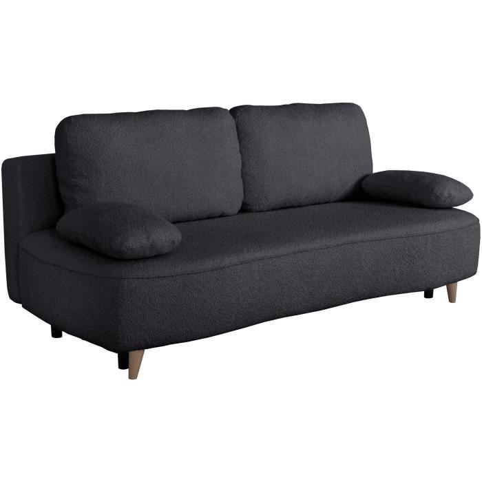 Canapé converible - 3 places - PYLA - Bouclette Noir - Coffre - 203 x 95 x 89 cm