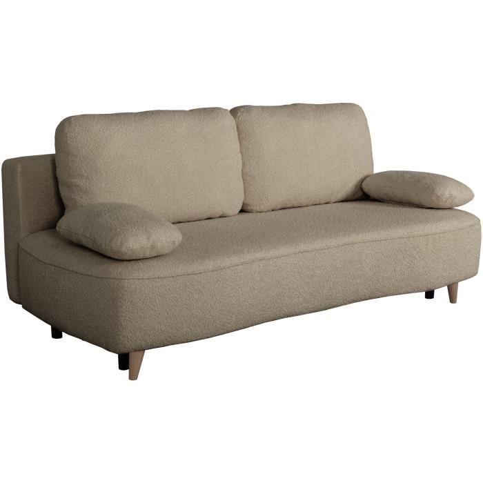 Canapé converible - 3 places - PYLA - Bouclette taupe - Coffre - 203 x 95 x 89 cm