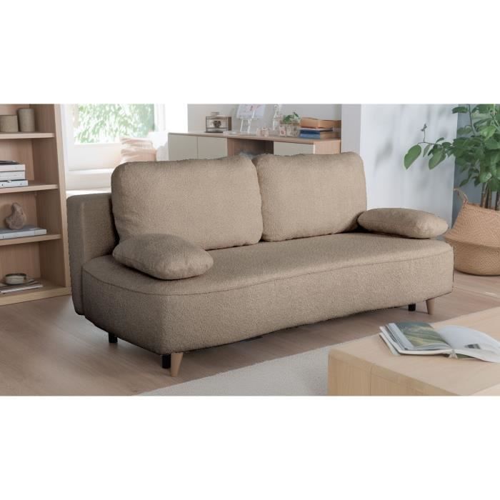 Canapé converible - 3 places - PYLA - Bouclette taupe - Coffre - 203 x 95 x 89 cm