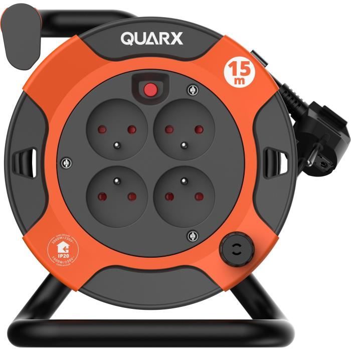 Enrouleur - QUARX - Bricolage - 15m, H05VV-F 3G1,5mm˛, disjoncteur thermique