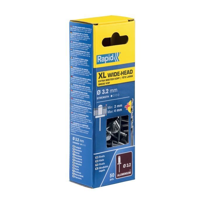 Rivets XL Ø3.2 x 8mm - RAPID - Alu - Boite 50 + foret