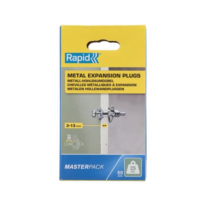 Chevilles a Expansion - RAPID - Métal pour Cloison Plâtre 3-13mm - Lot 50 - Charge Max 25 kg - (5001560)