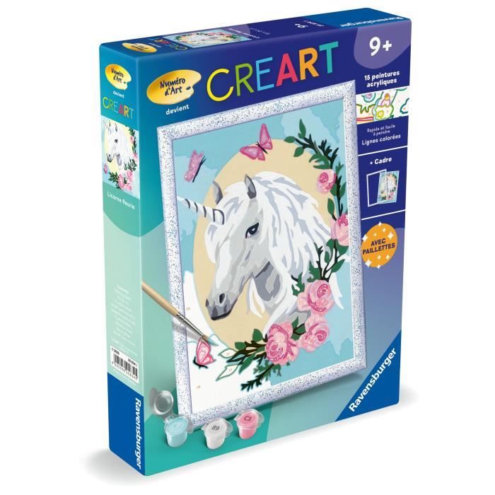 CreArt Kids 18x24cm Licorne fleurie, des 9 ans, Kit de peinture par numéros Numéro d'Art, 25834, Ravensburger