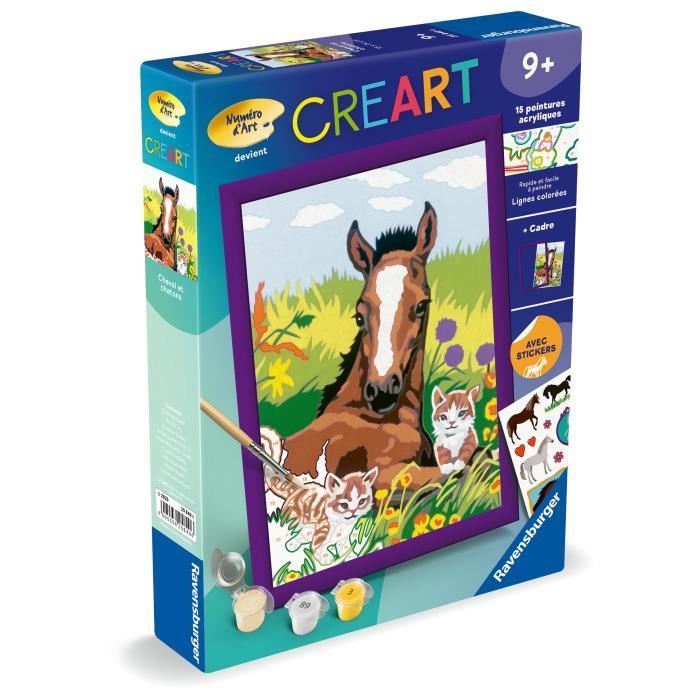 CreArt Kids 18x24cm Cheval et chatons, Kit de peinture par numéros Numéro d'Art, Des 7 ans, 25840, Ravensburger