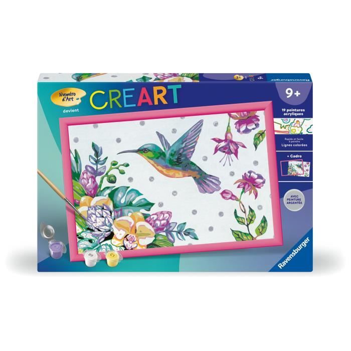 CreArt Kids 31x21cm Colibri et fleurs exotiques, Kit de peinture par numéros Numéro d'Art, Des 7 ans, 25851, Ravensburger