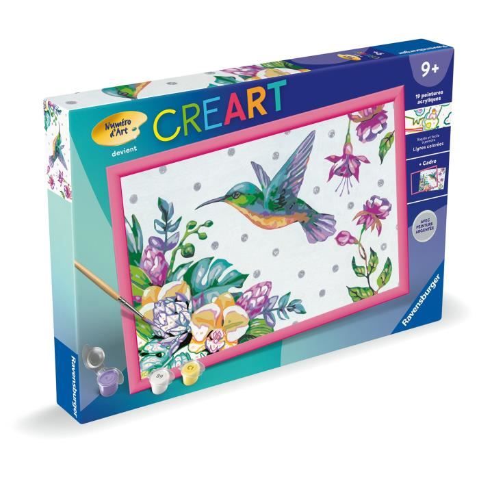 CreArt Kids 31x21cm Colibri et fleurs exotiques, Kit de peinture par numéros Numéro d'Art, Des 7 ans, 25851, Ravensburger